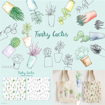 A1950矢量可爱水彩仙人掌插画手绘线稿LOGO纹理 AI设计素材含PNG