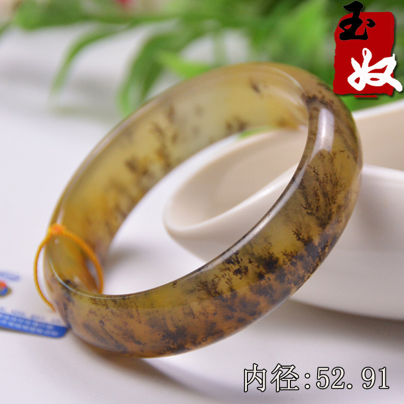 玉奴/新疆天然金丝玉手镯/黄色宝石光戈壁玉草花玉手镯子/52/53