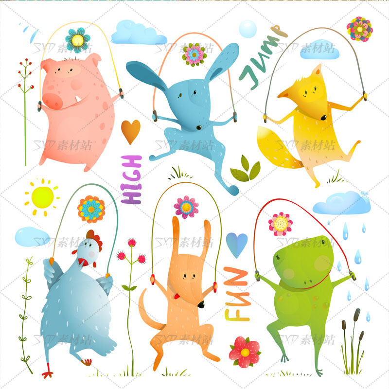 跳绳的可爱动物猪老鼠青蛙鸡矢量图设计素材 8eps