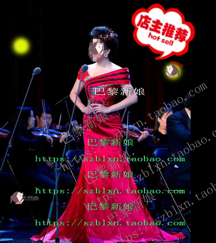 大红色斜肩绣花音乐会比赛礼服
