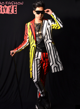 [独家]夜店男歌手DSDJ权志龙GD彩色线条西装大牌酒吧演出服配饰