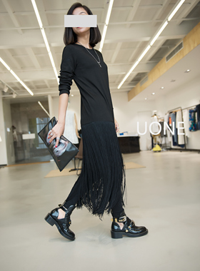 UONE定制黑色连衣裙长款夏女装长袖显瘦休闲宽松A字衬衫裙子流苏