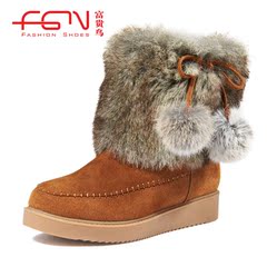 Fuguiniao shoes boot leather and fur winter boots rabbit fur leather platform boots ladies boots