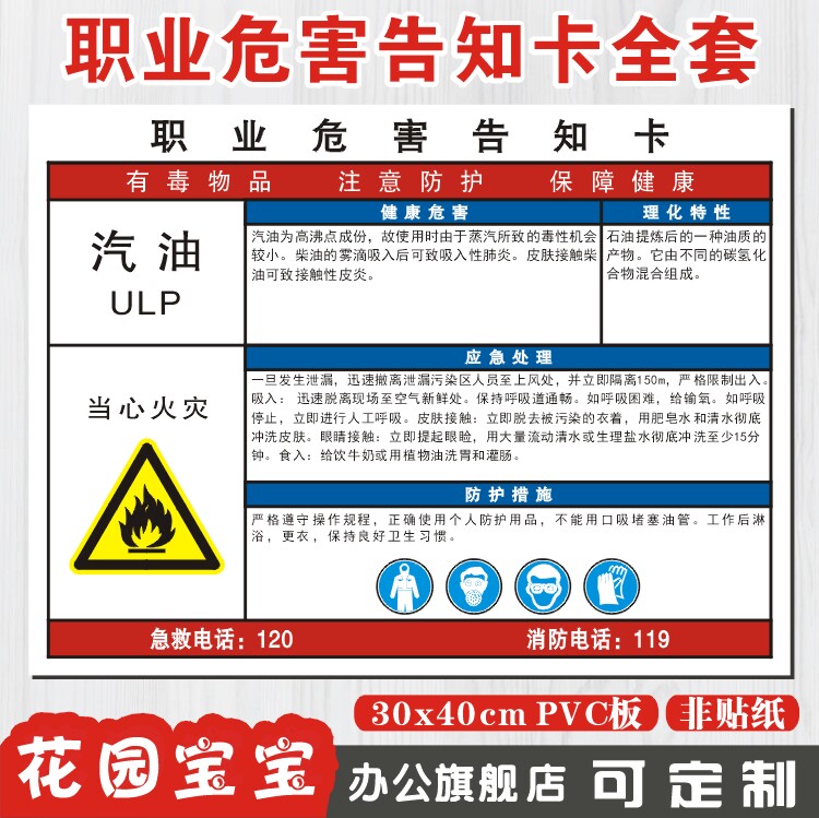 汽油职业病危害告知牌卡 当心火灾警示牌注意防火消防安全标识牌