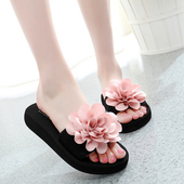 女夏韩版 厚底凉拖鞋 时尚 Bzbz防滑舒适平底一字拖鞋 手工花朵沙滩鞋