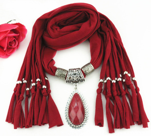 吊坠饰品围巾 欧美时尚流苏纯色汗布围巾 水滴合金吊坠围巾