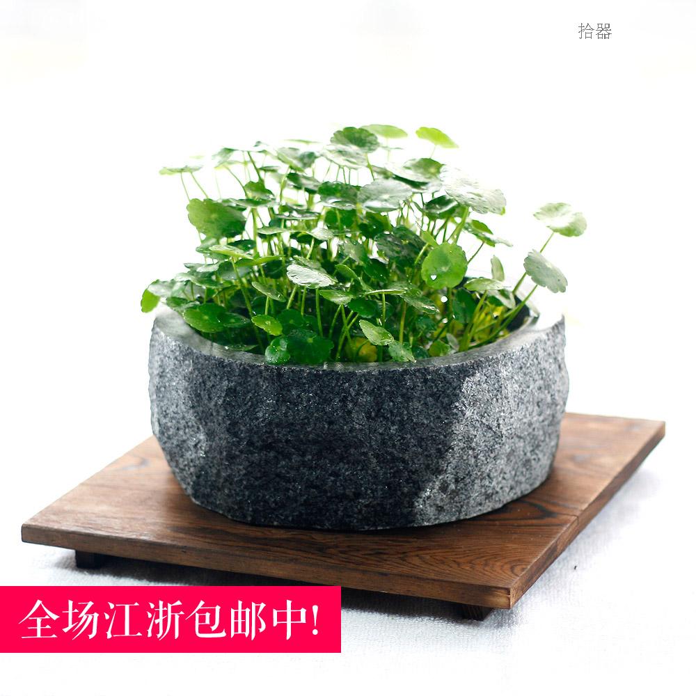 大理石头花盆包邮 自然多肉水培花器 原生态水仙盆水盂大茶洗大号