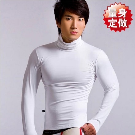韩版男士白色紧身堆领长袖T恤百搭保暖长袖打底衫 男修身纯棉高领