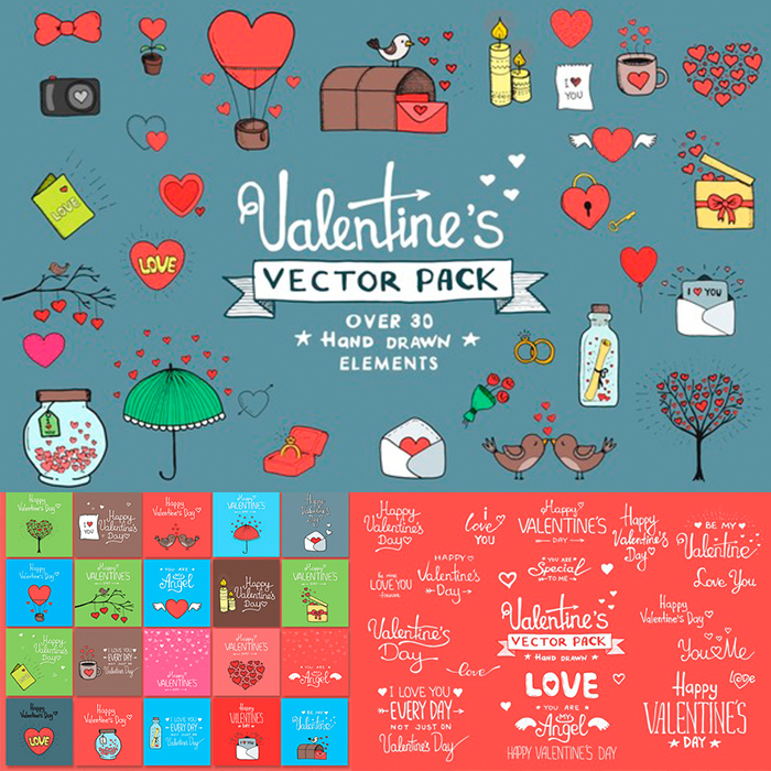 195号情人节简笔画卡通爱心边框礼物小鸟文字logo矢量卡片设计素