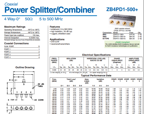 5-500MHz 射频一分四功分器 代替 ZB4PD1-500+ Mini-Circuits