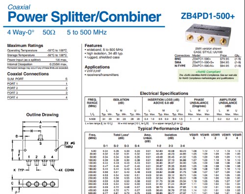 5-500MHz 射频一分四功分器 代替 ZB4PD1-500+ Mini-Circuits