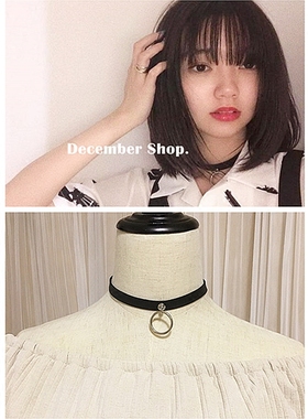 手作韩国同款日系几何圆环朋克皮质锁骨链choker黑色金属网红项圈