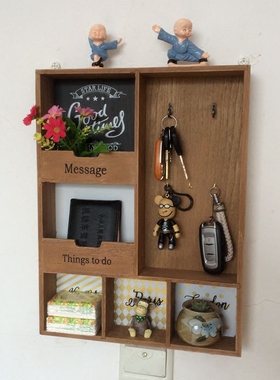 进门玄关钥匙收纳盒创意家居饰品墙面装饰架挂钩木质小杂货置物架