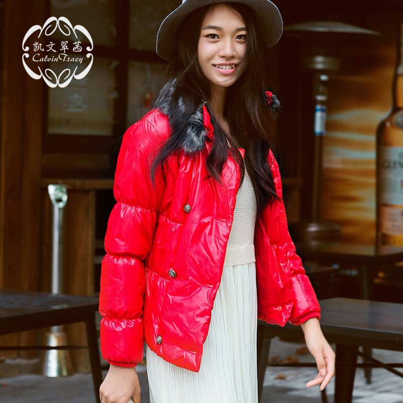 calvin tracy凯文翠茜包邮短款双排扣毛领帅气常规款修身棉服女装