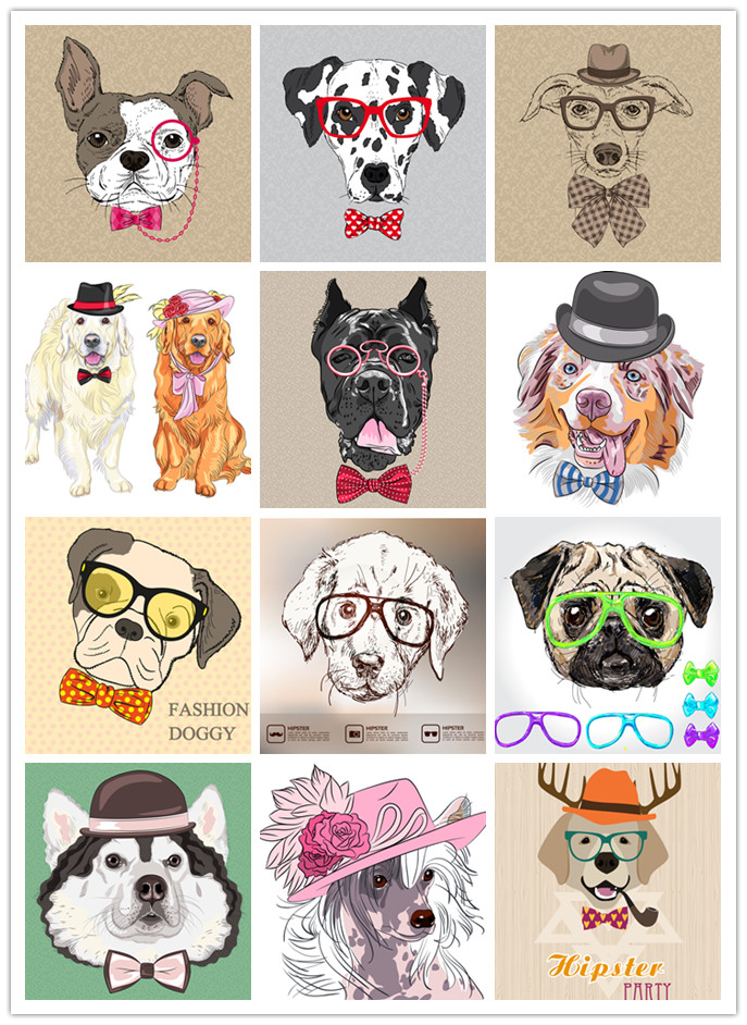 矢量设计素材 超萌狗狗头像肖像帽子眼镜领结 EPS格式源文件