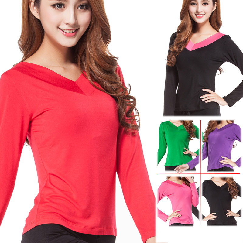 广场舞服装长袖舞蹈服女演出莫代尔舞蹈上衣v领拉丁舞跳舞服装女