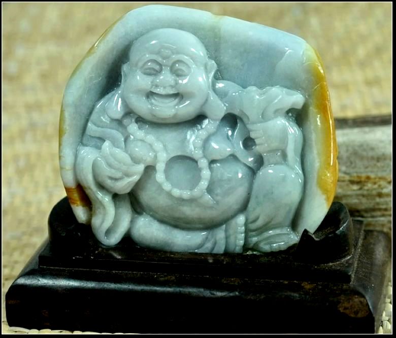 【天然翡翠A货送证书】老坑黄翡巧雕和气生财佛公摆件黑檀木底座