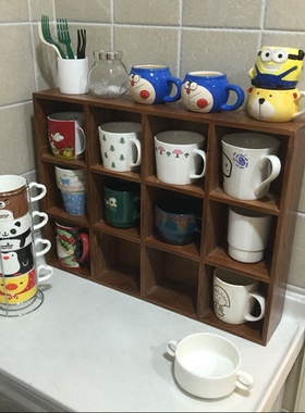 zakka家用桌面杯子收纳木格子架杂货复古壁挂储物实木多格置物架