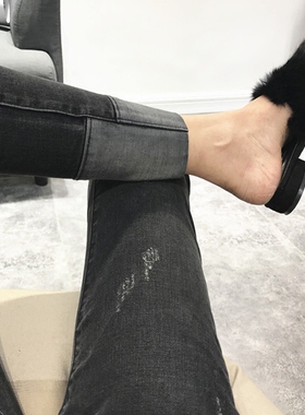 超洋气 拼接牛仔裤女翻边九分裤弹力显瘦小脚女裤小直筒裤春款潮1