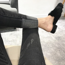 超洋气拼接翻边九分裤弹力潮牛仔裤1