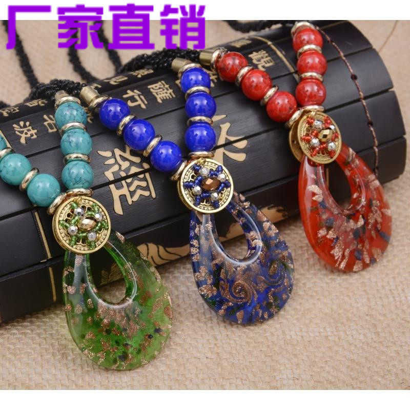 特价女波西米亚民族风复古琉璃毛衣链大吊坠项链棉麻配饰链中款