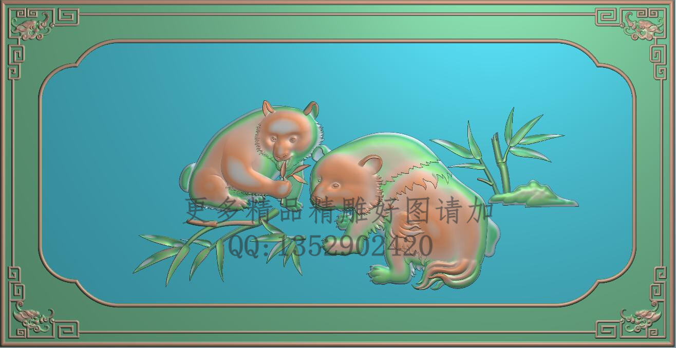高清檀雕竹子熊猫精雕图灰度图浮雕精品国宝熊猫背板581x299新款