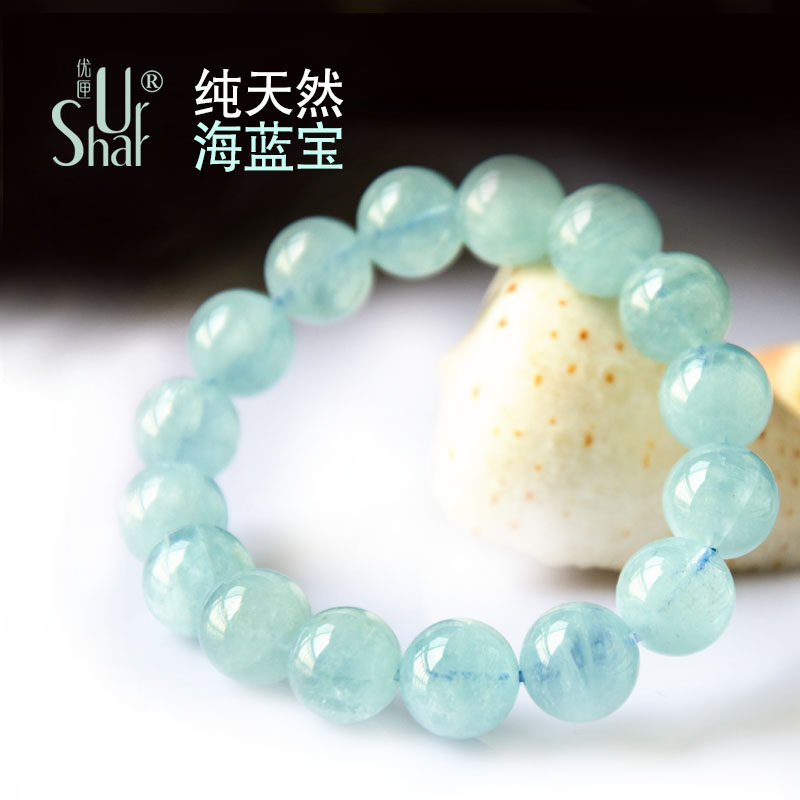 纯天然5A级海蓝宝石手链 纯情半透明淡蓝色水晶佛珠精致 女款手串