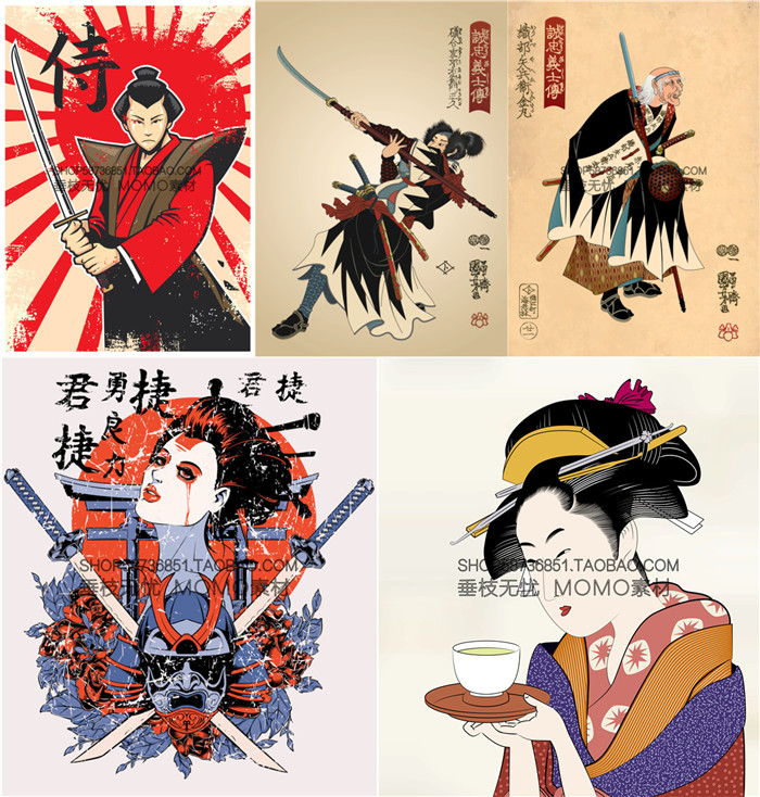 A3153矢量日本浮世绘插画武士道艺妓 AI设计素材