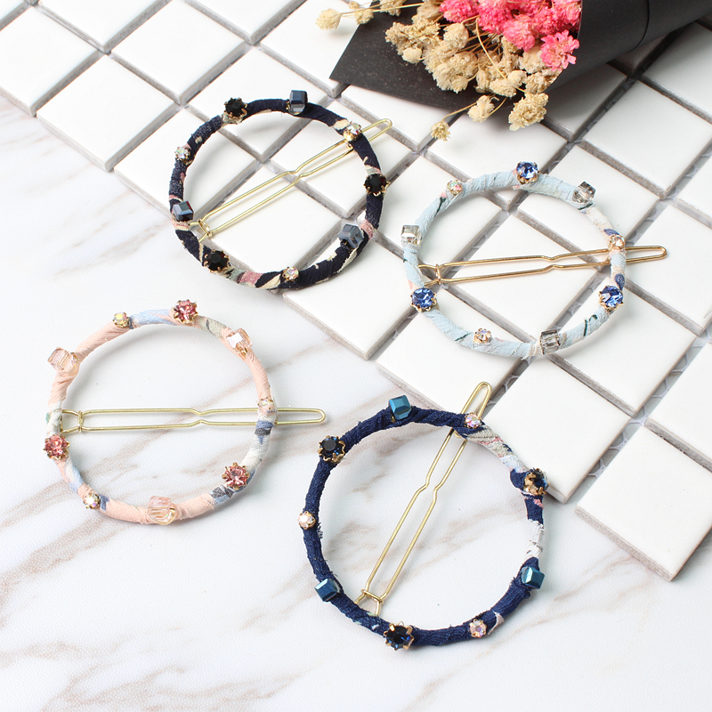 日韩手工碎花水钻发夹几何圆形布艺刘海夹水晶发卡边夹韩国发饰品