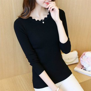 花瓣领打底衫女2025春秋新款长袖上衣内搭针织衫修身百搭黑色毛衣