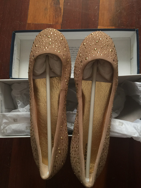 现货正品 美国 Sperry黑色麂皮平底平跟女鞋单鞋 金属水钻装饰
