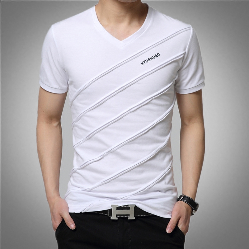 春夏新品特大码短袖t恤v领纯棉男装上衣半袖白色打底衫薄款日系t