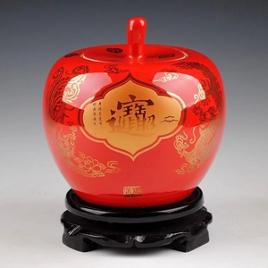 景德镇陶瓷器 招财进宝中国红苹果花瓶 现代时尚家饰工艺品摆件