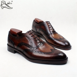 圆头牛津系带手绘擦色深棕缝制皮底手工透气防臭男鞋 其艾