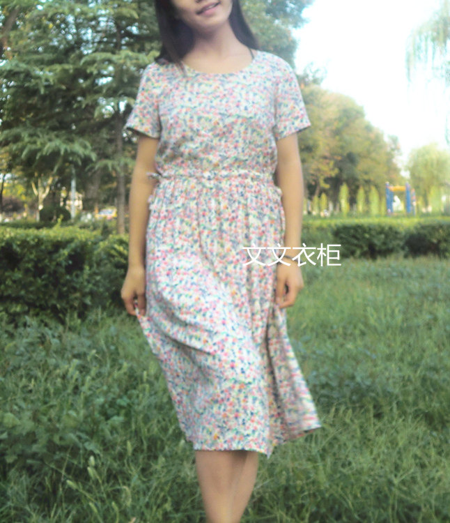 夏季碎花 韩版文艺通勒复古森女短袖宽松抽绳显瘦绵绸连衣裙长裙