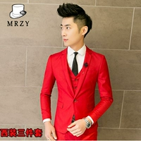 Meiren Zhiyi mùa xuân và mùa thu mới lớn màu đỏ phù hợp với bộ đồ ba mảnh Hàn Quốc Slim màu rắn nhỏ phù hợp với bộ đồ nam - Suit phù hợp áo dạ nam