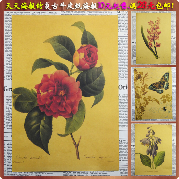 植物花卉装饰画复古牛皮纸海报画 客厅卧室酒吧室内装饰墙画贴画图片