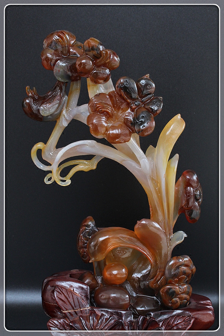 包邮/纯天然巴西俏色巧雕镂空蝴蝶喜鹊玛瑙摆件/蝶恋花