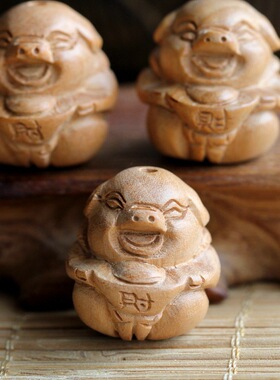桃木雕刻元宝猪编制挂件精致