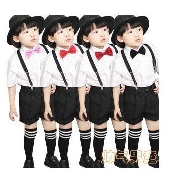 新款男童演出服 男孩花童装儿童 白色短袖衬衫 黑色短裤背带装