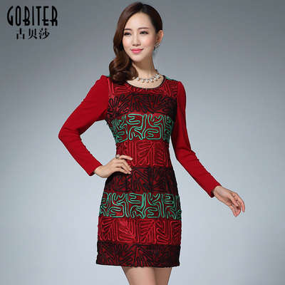 古贝莎台湾品牌2015秋装新款立体绣花刺绣中裙显瘦气质长袖连衣裙
