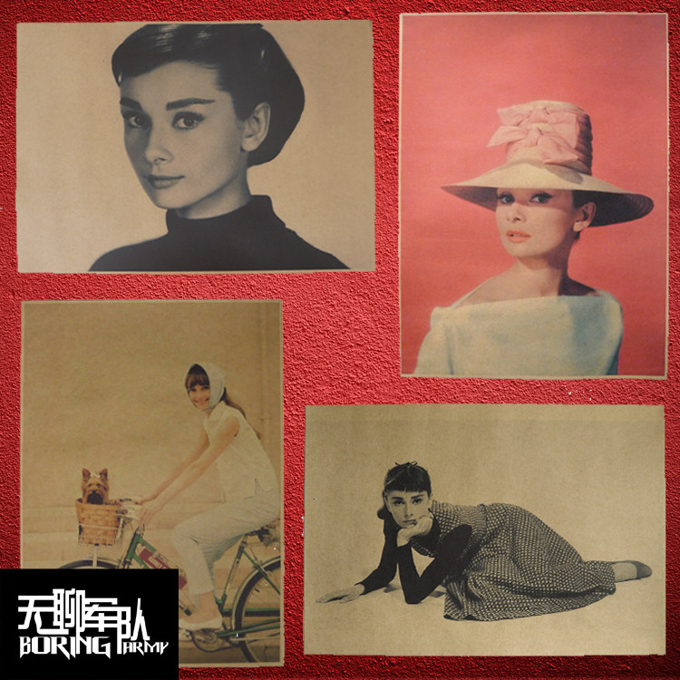 奥黛丽赫本复古名人画像牛皮纸老海报装饰画咖啡馆照片相框墙纸