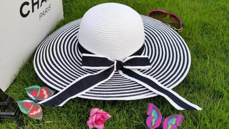 赫本小香黑白女帽蝴蝶节时尚夏季度假遮阳帽沙滩帽大边帽优雅大气