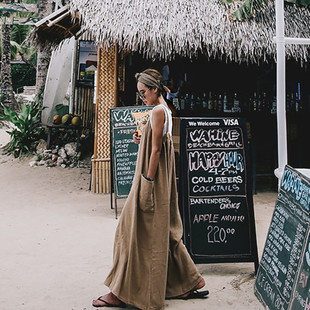 百搭学生休闲亚麻背带裤 夏装 复古吊带裤 裙宽松大码 棉麻阔腿连体裤