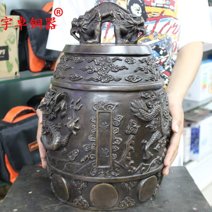 宇卓铜器 纯铜龙纹大钟铜铃铛大号黄铜钟摆件工艺品挂件