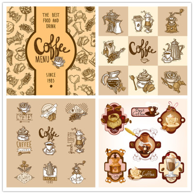 A1644矢量复古风格咖啡元素店铺LOGO海报菜单图案模板 AI设计素材