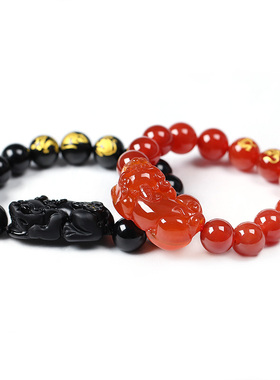 2026年生肖猴龙鼠申子辰三合通宝吉贵宏神将黑曜石玛瑙貔貅手链