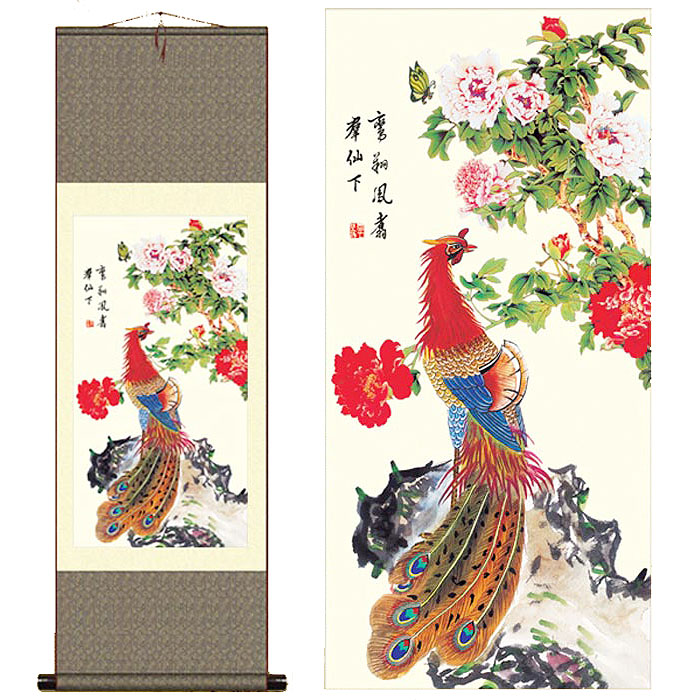 凤凰图丝绸卷轴画国画花鸟画 鸾翔凤翥 酒店宾馆办公室家居装饰画