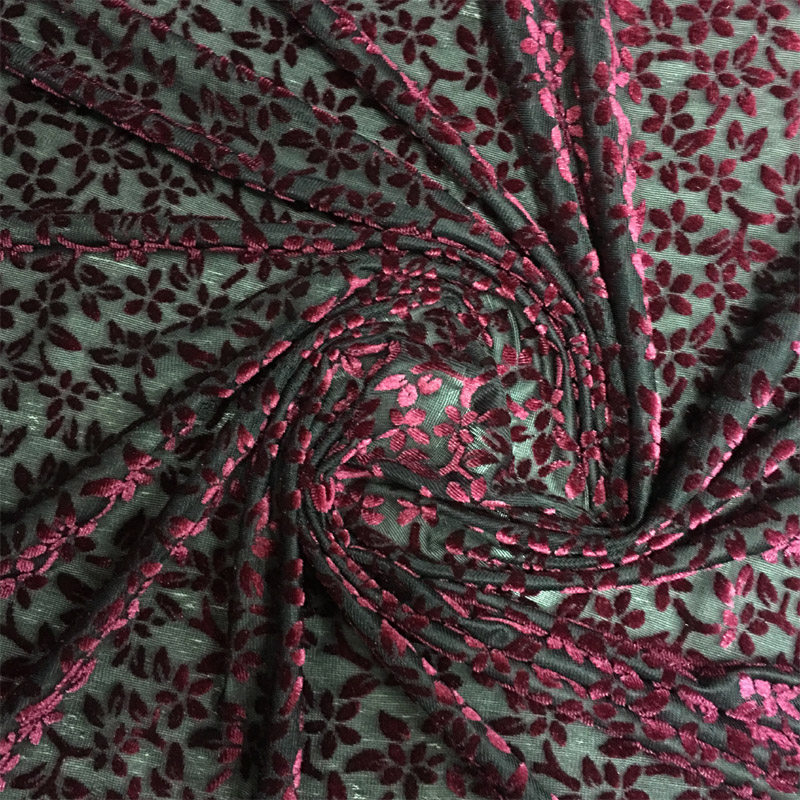 小花朵紫红色黑色弹力烂花绒镂空金丝绒布料洋装衫旗袍丝绒面料