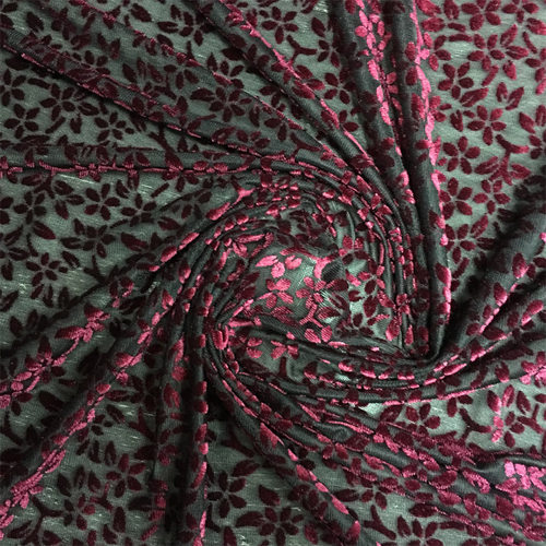 小花朵紫红色黑色弹力烂花绒镂空金丝绒布料洋装衫旗袍丝绒面料